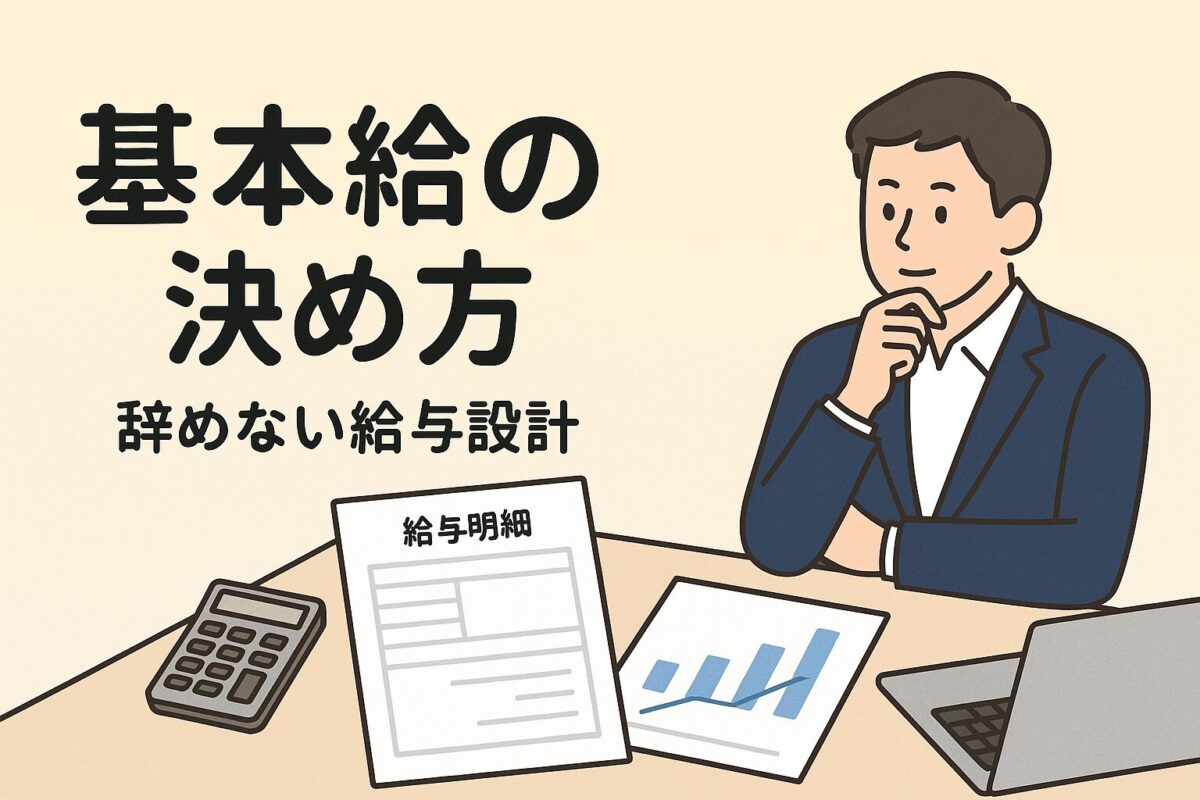 基本給の決め方のタイトルと経営者が数字を見ながら考えているイラスト