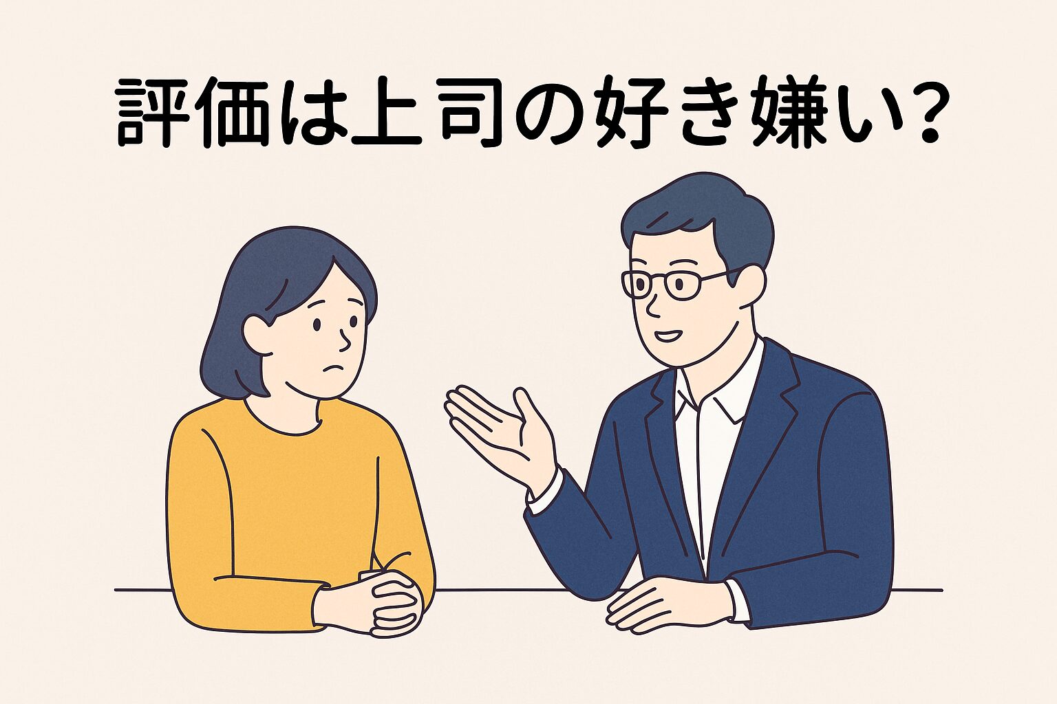 評価は上司の好き嫌い?のタイトルと冷静に話す上司と、少し不安そうに聞く部下のイラスト