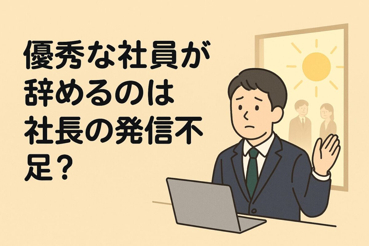 優秀な社員が辞めるのは社長の発信不足？のタイトル、社長が少し顔を上げ、朝日が差し込む窓が見えている