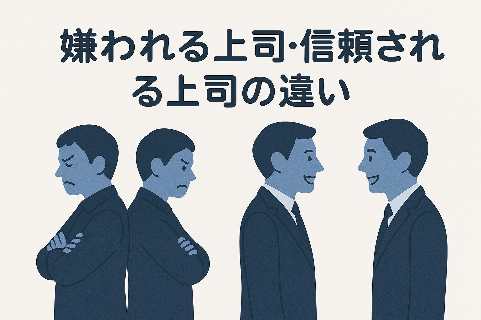 嫌われる上司・信頼される上司の違いのタイトルと上司と部下が背中合わせ → 向き合って笑顔になるシルエット