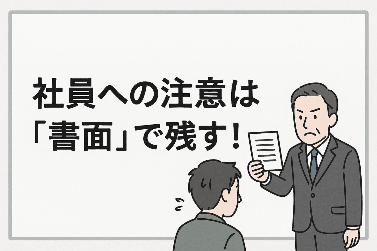 社員への注意は「書面」で残す！裁判・労基署・高額賠償を防ぐ完全ガイドのタイトルと上司が書面で部下に注意している画像