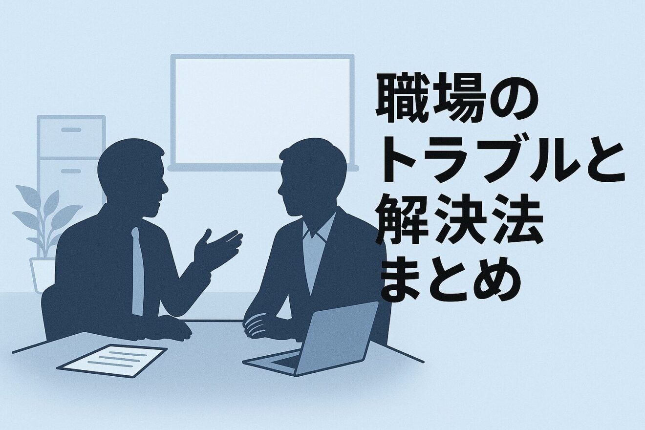 職場のトラブルと解決法まとめのタイトルと社長と社員が話し合っているシルエット