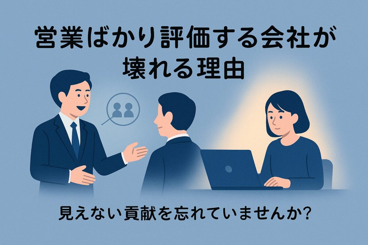 営業ばかり評価する会社、下部に見えない貢献を忘れていませんか？のタイトル、左側に明るい表情で商談をする営業担当、右側にパソコンで静かに作業するスタッフ